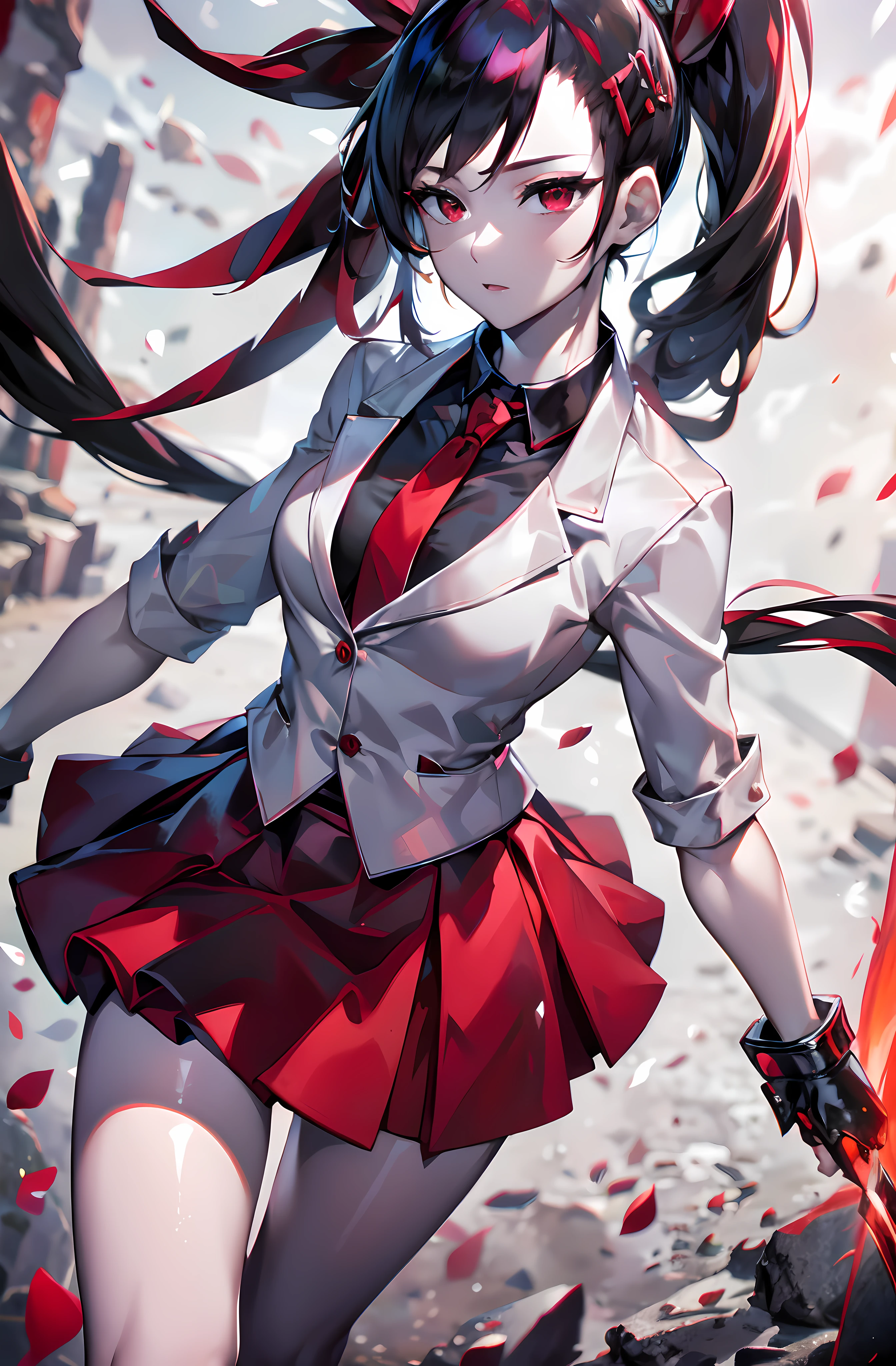 (masterpiece:1.2), (pale skin:1.2), (solo:1.2), (female:1.1), (emphasis lines:1.3), black hair, red eyes, red tie, red skirt, white shirt, red hair ribbon