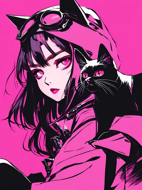 anime girl with black cat on pink background, portrait of goth cat girl, cat woman, anime style illustration, anime style 4k, an...