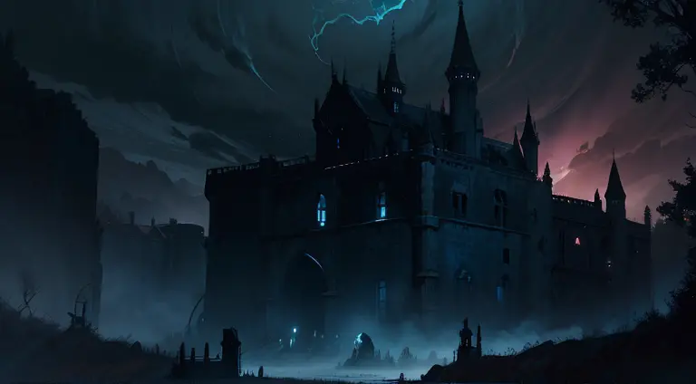 A dark and foreboding fantasy landscape, featuring a haunted and abandoned castle, with twisting vines, ghostly apparitions, and...