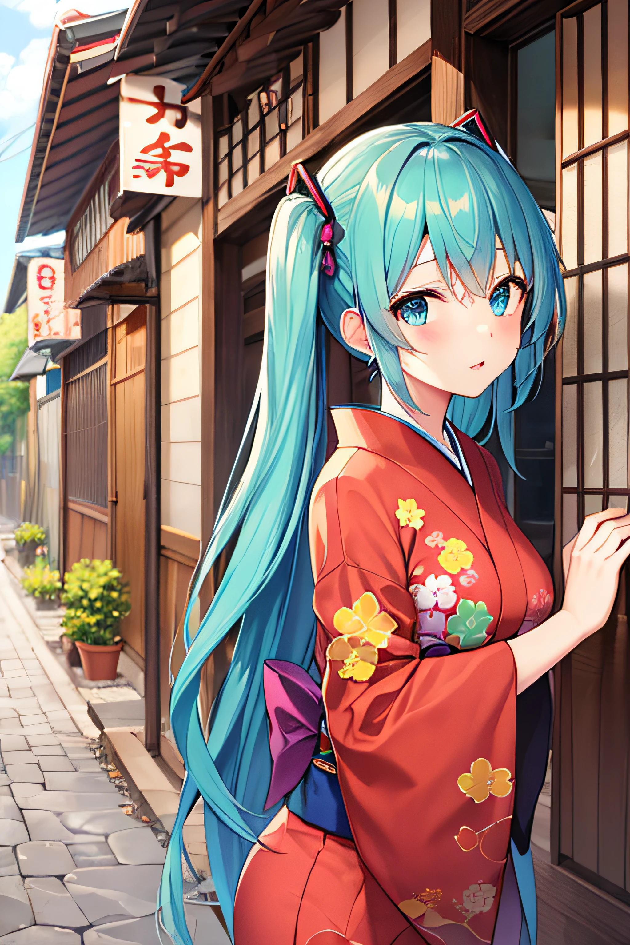 ​masterpiece、Top image quality、超A high resolution、miku hatsune、blue hairs、Twin-tailed、Blushing、Cute and shy、japanese kimono、firm breasts、well-shaped breasts、kyoto、Japan、during daytime、Autumn leaves、Autumn