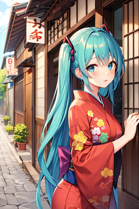 ​masterpiece、top image quality、超a high resolution、miku hatsune、blue hairs、twin-tailed、blushing、cute and shy、japanese kimono、firm...