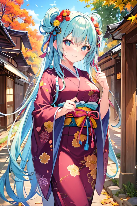​masterpiece、Top image quality、超A high resolution、miku hatsune、blue hairs、Twin-tailed、Blushing、Cute and shy、japanese kimono、firm breasts、well-shaped breasts、kyoto、Japan、during daytime、Autumn leaves、Autumn
