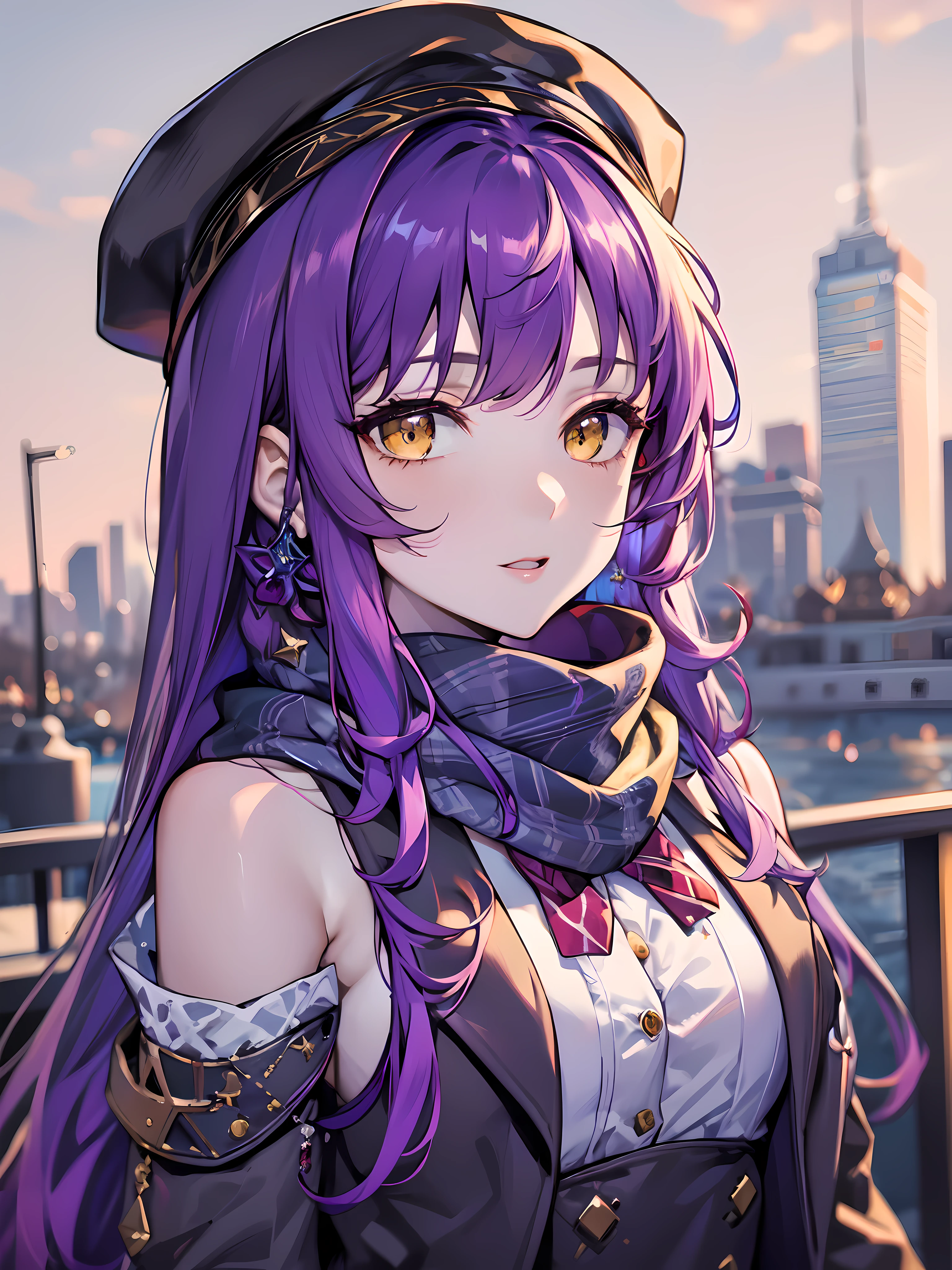 (masterpiece:1.2), (pale skin:1.2), (solo:1.2), (female:1.1), (emphasis lines:1.3), purple hair, headwear, (winter:1.1), (winter clothes:1.1), (scarf:1.1), bare shoulders, bowtie, long hair, yellow eyes