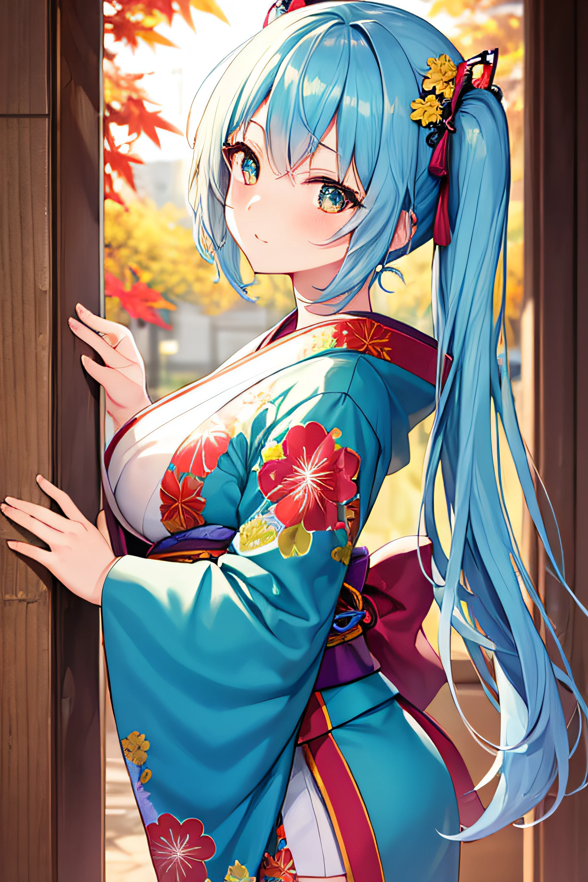 ​masterpiece、Top image quality、超A high resolution、miku hatsune、blue hairs、Twin-tailed、Blushing、Cute and shy、japanese kimono、firm breasts、well-shaped breasts、kyoto、Japan、during daytime、Autumn leaves、Autumn