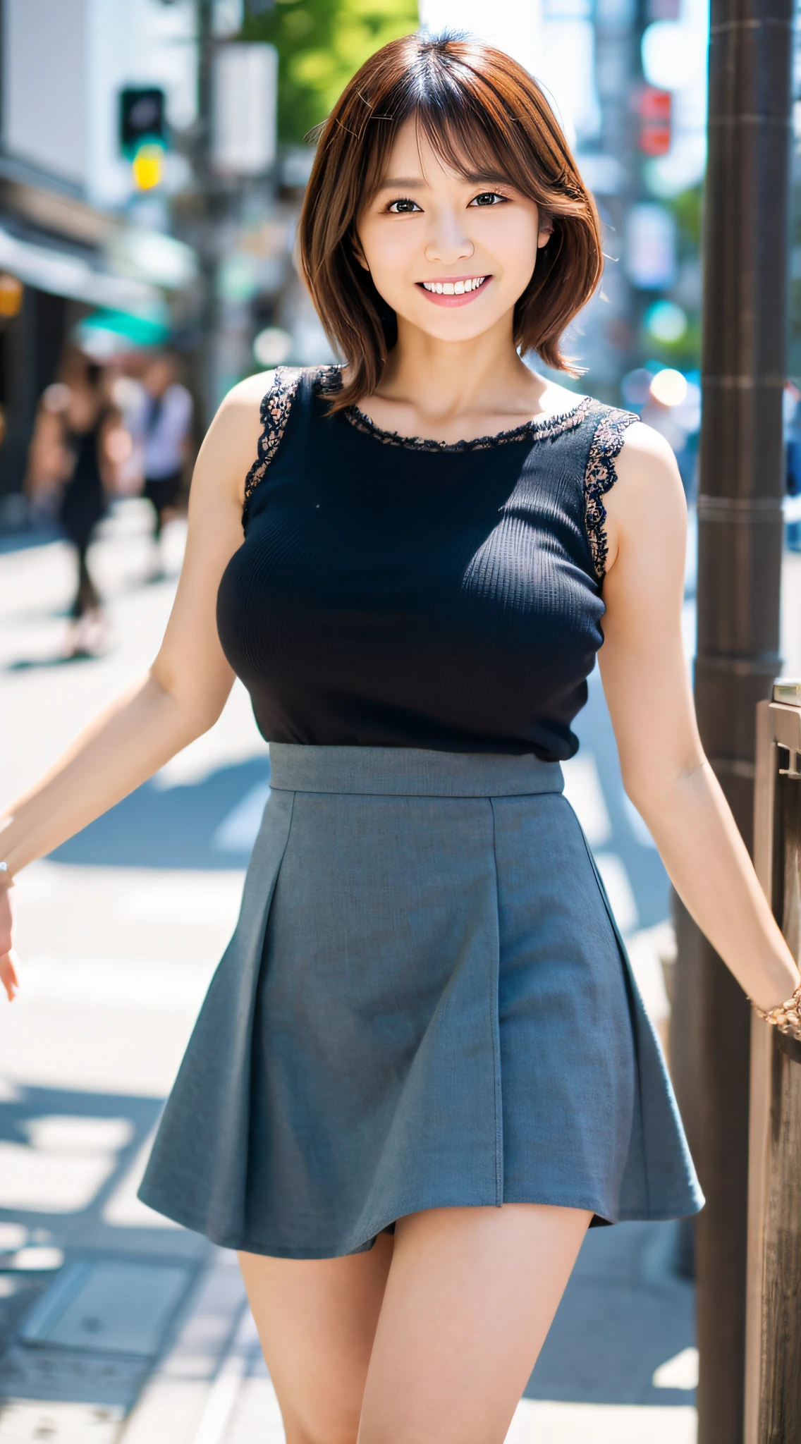 Arafed asian woman in a black top and a gray skirt - SeaArt AI