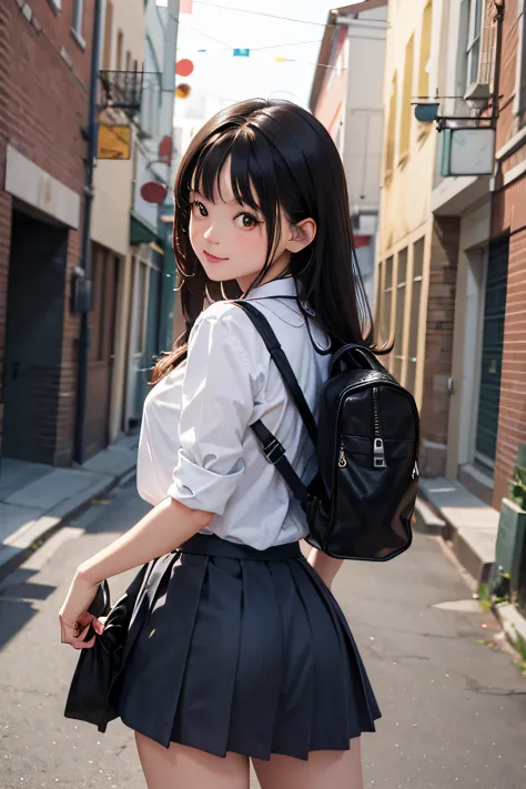 very cute and beautiful school girl,(very detailed beautiful face and eyes:1.2),
Smile,Black hair,(Mini skirt),(Cowboy Shot),(Fr...