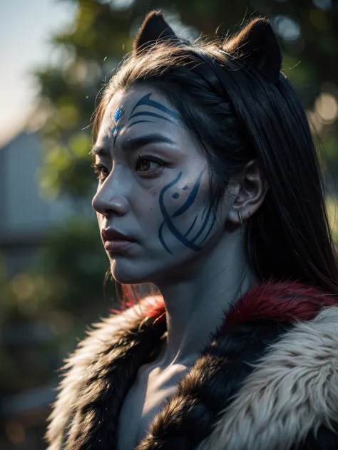 portrait photo of a asia old warrior chief, tribal panther make up, blue on red, side profile, looking away, serious eyes, 50mm ...