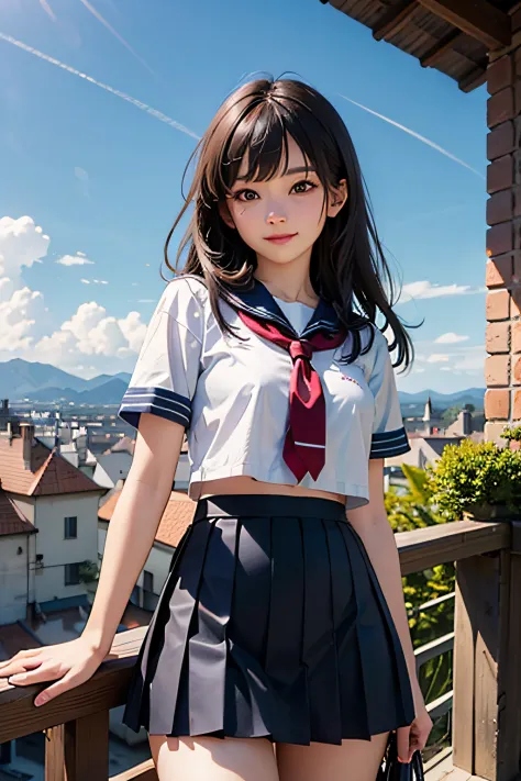 Very cute and beautiful girl,Teen,(very detailed beautiful face and eyes:1.2),Seifuku,(Smile:1.2),(Navy blue pleated mini skirt)...