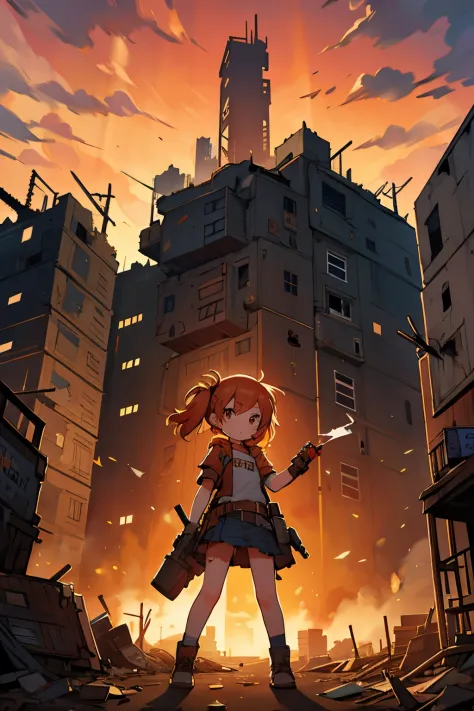 Little girl playing in a scrap heap, post-apocalyptic, scrap-punk, destroyed buildings, smoke, orange sky