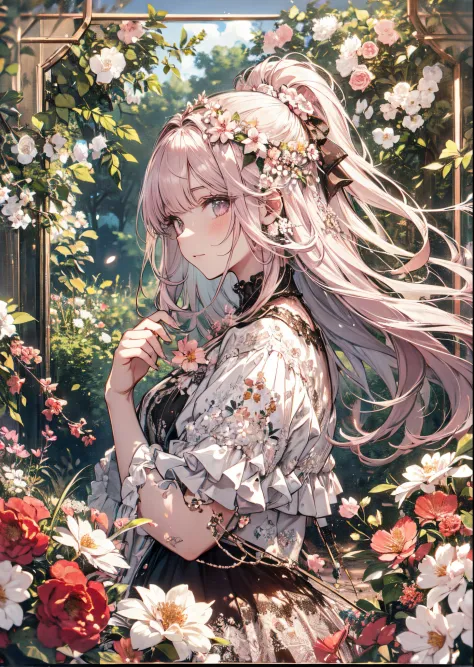 natural lighting, floating hair, soft smile, profile, pale pink hair, spring flowers,