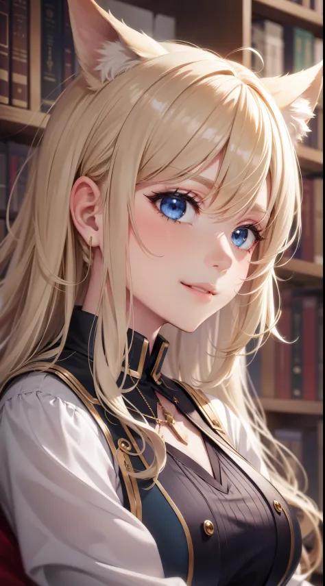 (Medium portrait:0.7), (best illuminate:1.1), (coiffed blonde hair:1.1), 1个Giant Breast Girl, Wolf ears, serious smile, Complex:0.6, medium, (ayaka:1.2), in the middle of the library, looking at book, Chopping:0.8, (canineteeth:0.4)