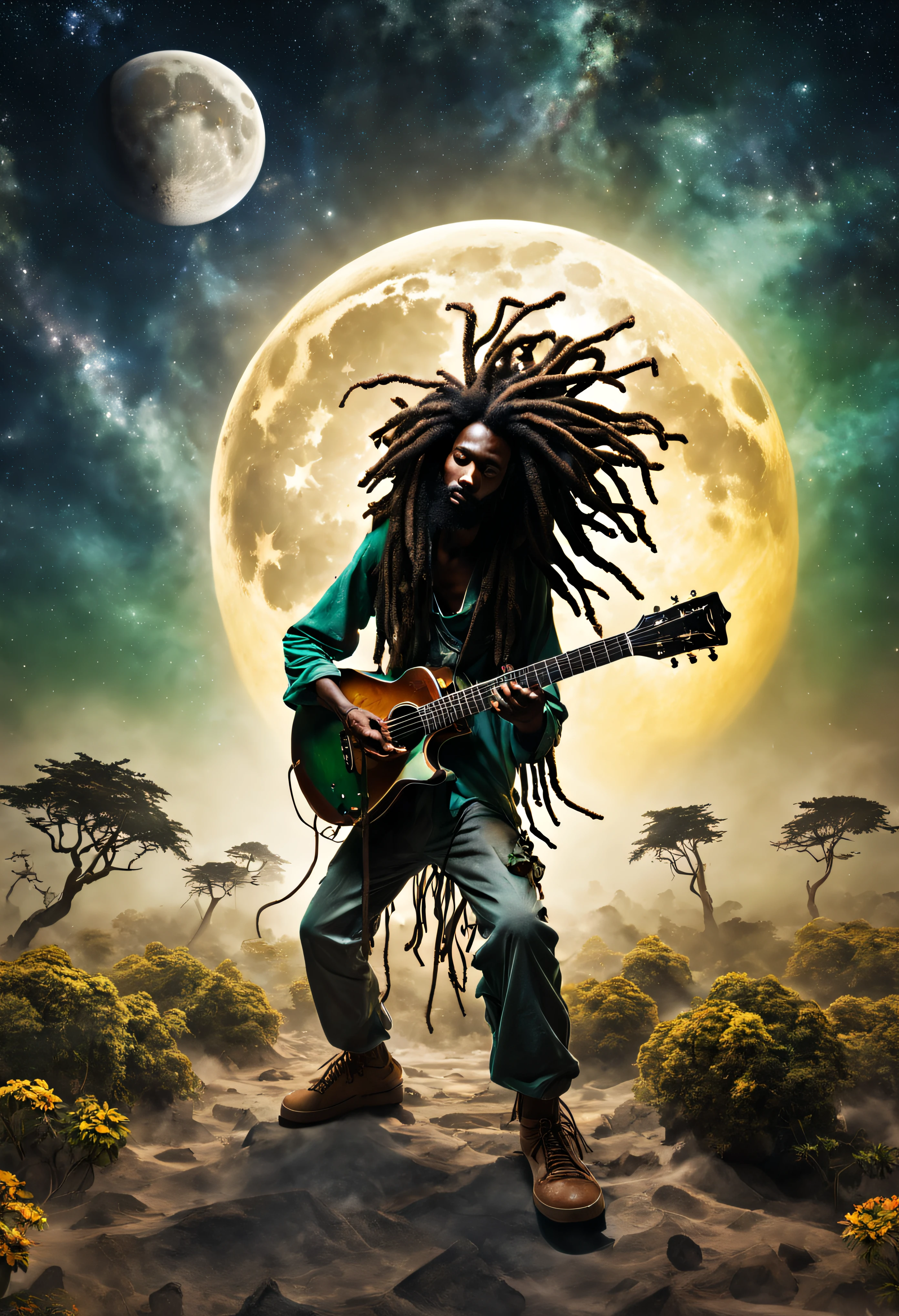 Style fantasmagorique, image d&#39;un homme rastafari noir jouant de la guitare aux couleurs du reggae avec des dreadlocks, haute qualité, ciel étoilé, lune géante