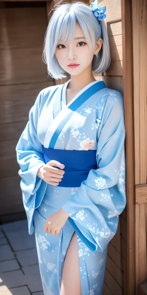 (light blue kimono:1.2)、(komono:1.2)、(bright floral pattern)、(long-sleeve)、1 girl、full body esbian、(white  hair、long hair)、(real...