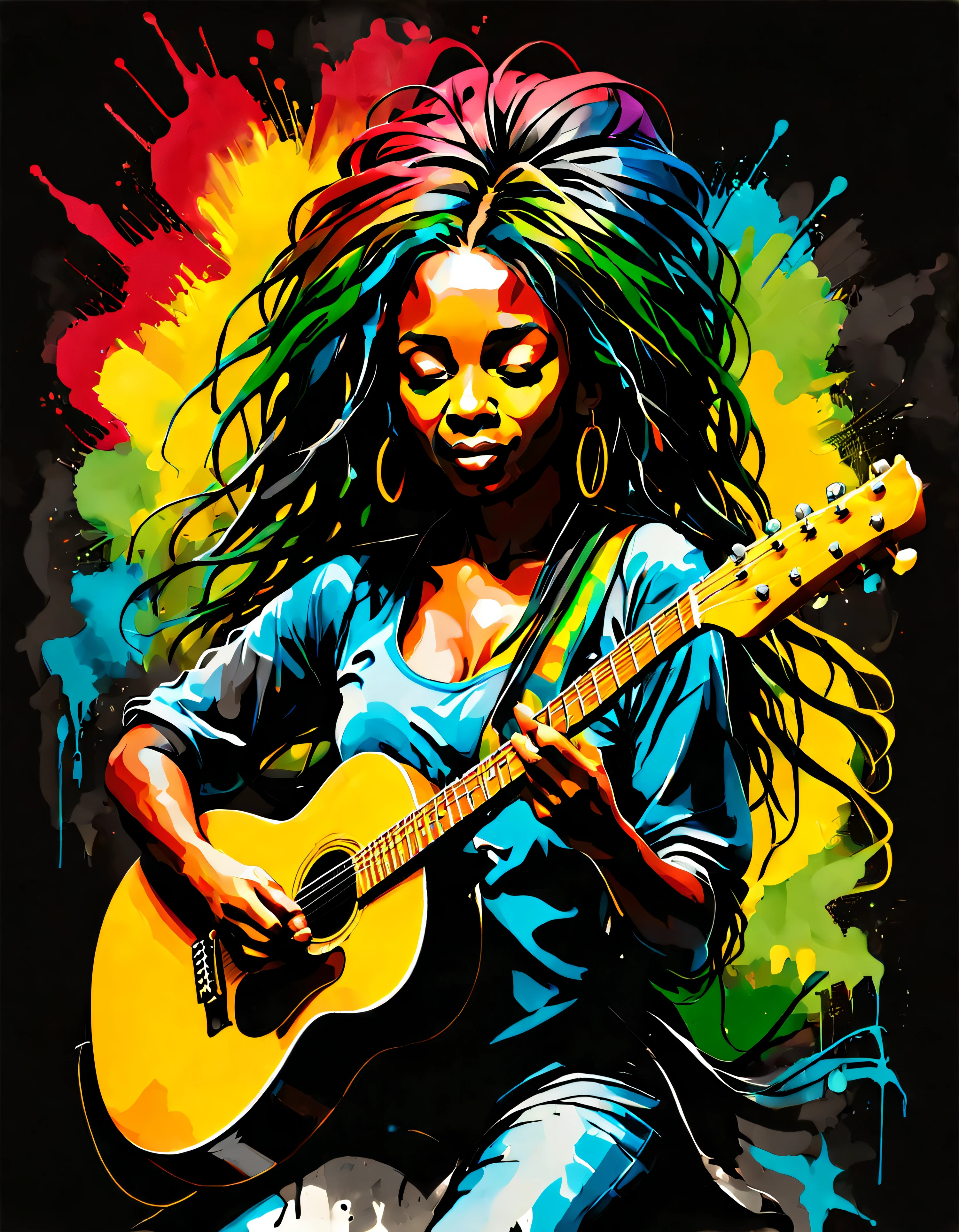 uma bela silhueta de uma mulher negra rastafari (com dreadlocks) tocando guitarra com respingos de tinta nas cores do reggae caindo, respingos de tinta no fundo em forma de asas, magic colorsplash