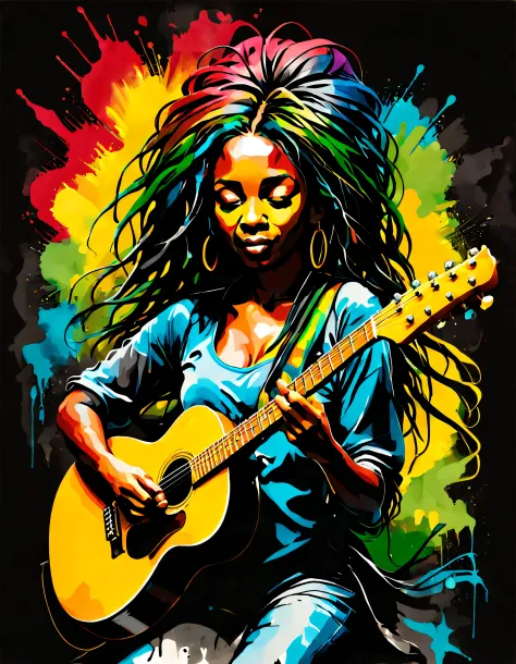 uma bela silhueta de uma mulher negra rastafari (com dreadlocks) tocando guitarra com respingos de tinta nas cores do reggae cai...