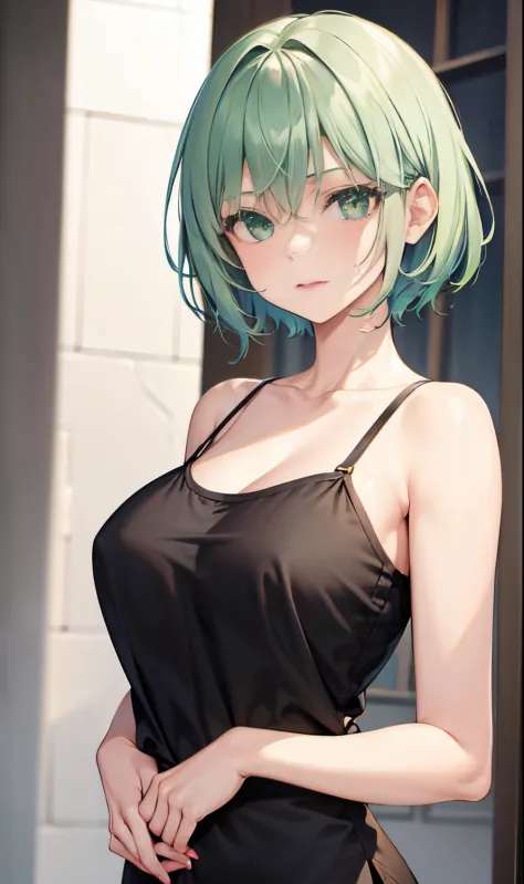 Girl with short green hair, Medium chest, Green eyes, wearing black casual clothes、Beautie、Mature、(tits out)