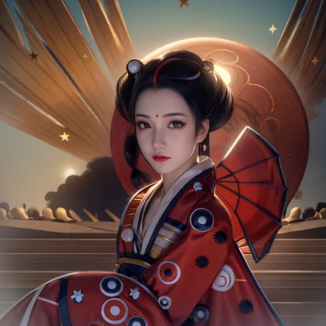 There is a geisha, with full lips, beautiful eyes, large and firm breasts, wearing a blue kimono with embroidered flowers, posin...