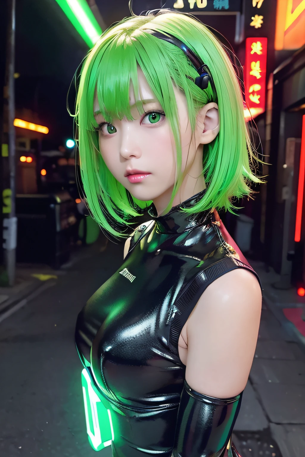Neon Noir Beautiful Female Semi Robot,run、Looking at Viewer, . Cyberpunk, ((Dark)), Back alley, neon signs, High contrast, low illuminance, Vibrant, Highly detailed, (Green Ash Hair Color), Luminous Eyes、 with an elementary school face、Slimed、flat body、Background blur