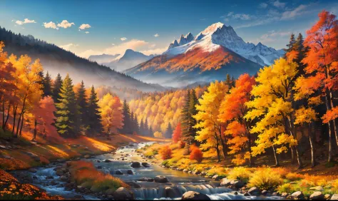 masterpiece, best quality, forest, mountainous horizon, mountain, flowers, river, autumn, architecture,