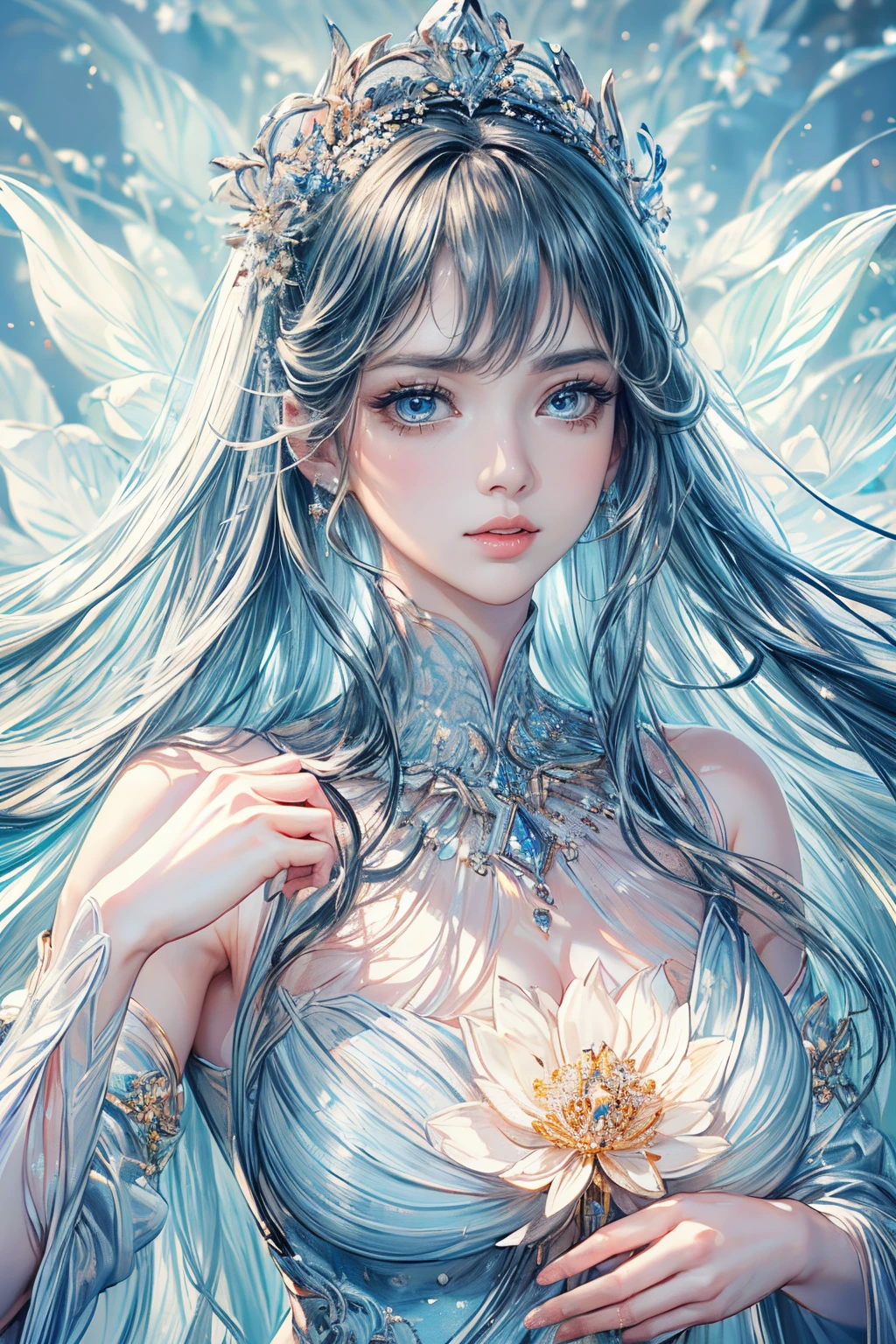 (best quality,8K,CG,beautiful detailed upper body,lone,thumb girl,tulle court dress,floral background,complex facial features,flowing long hair,almond-shaped eyes,exquisite eye makeup,long fluttering eyelashes,blinking big eyes,starry sky,exquisite lip details,soft and harmonious style)