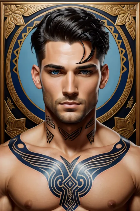 ultra realistic portrait painting of a perfect handsome man blue eyes black hair, neck tribal snake tattoo, painted by tristan e...