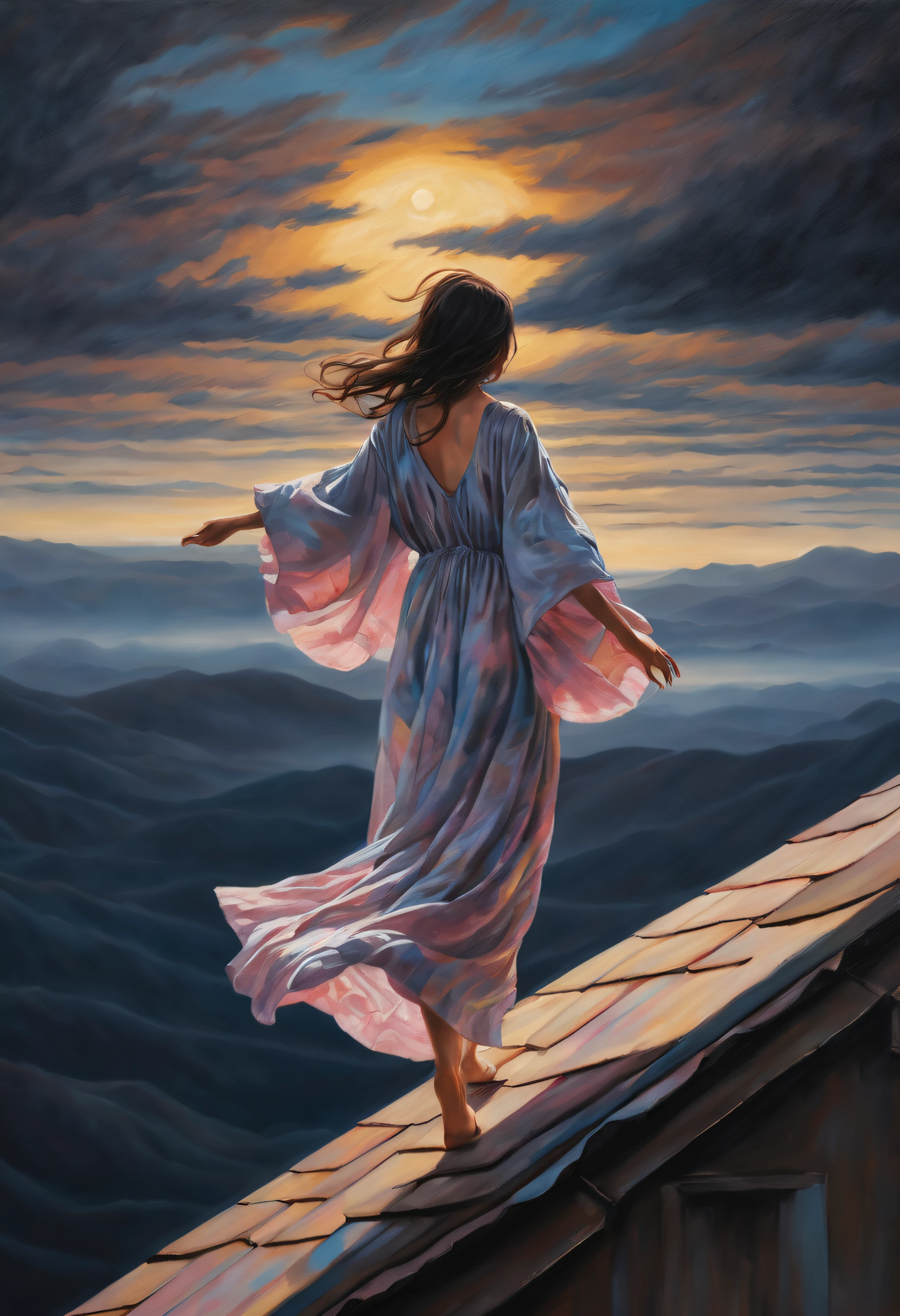 独奏, sleepwalking girl in a nightgown with outstretched arms walks along the ridge of the roof , covered eyes, ((Isao-Andrews style)), ((oil painting palette / canvas)), surrealism, very dark colorful, highest detail, ((Masterpiece)), Complex key, ((Single Shot)), Impression, highest detail, perspective, 8K