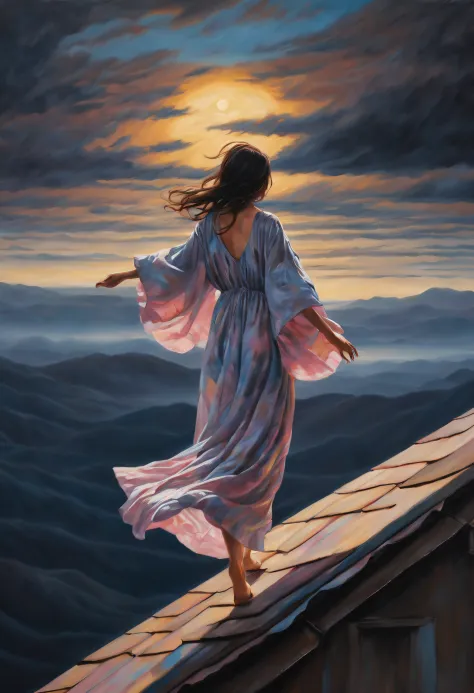 独奏, sleepwalking girl in a nightgown with outstretched arms walks along the ridge of the roof , covered eyes, ((Isao-Andrews sty...
