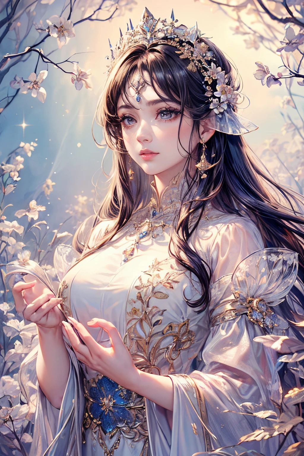 (best quality, 8K, CG, beautiful detailed upper body, lonely, thumb girl, sheer court gown, floral background, intricate facial features, flowing long hair, almond-shaped eyes, exquisite eye makeup, fluttering long eyelashes, blinking big eyes, starry sky, exquisite lip details, soft and harmonious style)