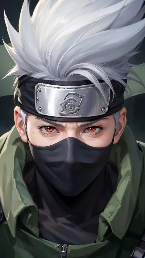 1male, hatake kakashi in anime naruto shippuden, short hair , white hair, red eyes, handsome, black clothes, smile, realistic clothes, detail clothes, city background, ultra detail, realistic