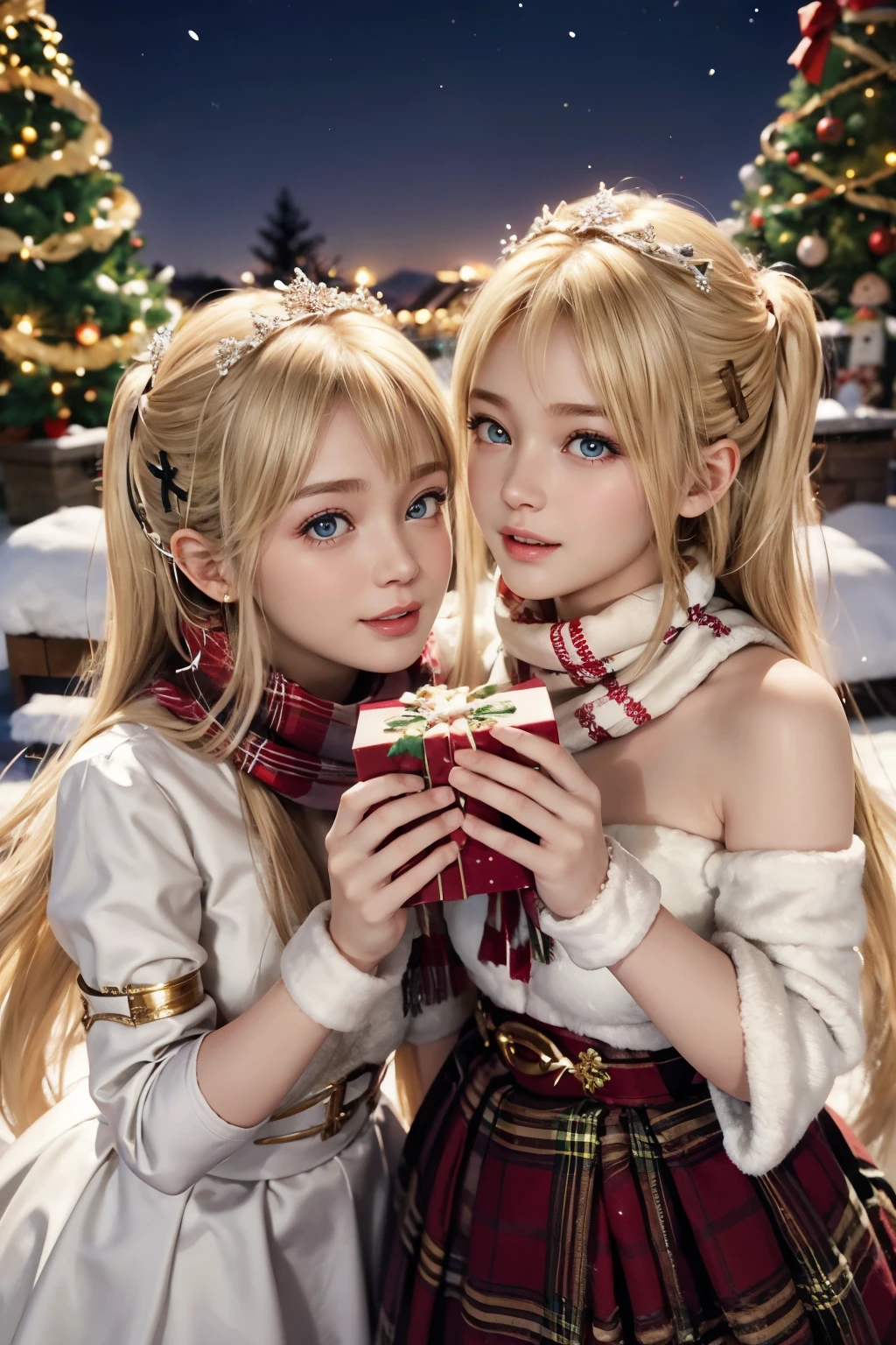 Two Girls Dressed In Christmas Costumes Holding Presents In Front Of A