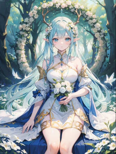 high quality, masterpiece, Delicate facial features, Delicate hair, Delicate eyes, Delicate hair, anime girl, deer antlers color hair, florals, Dreamy style, Fantastic flower garden, fantasy style clothing, Romantic dress,  beautiful and elegant elf queen,...