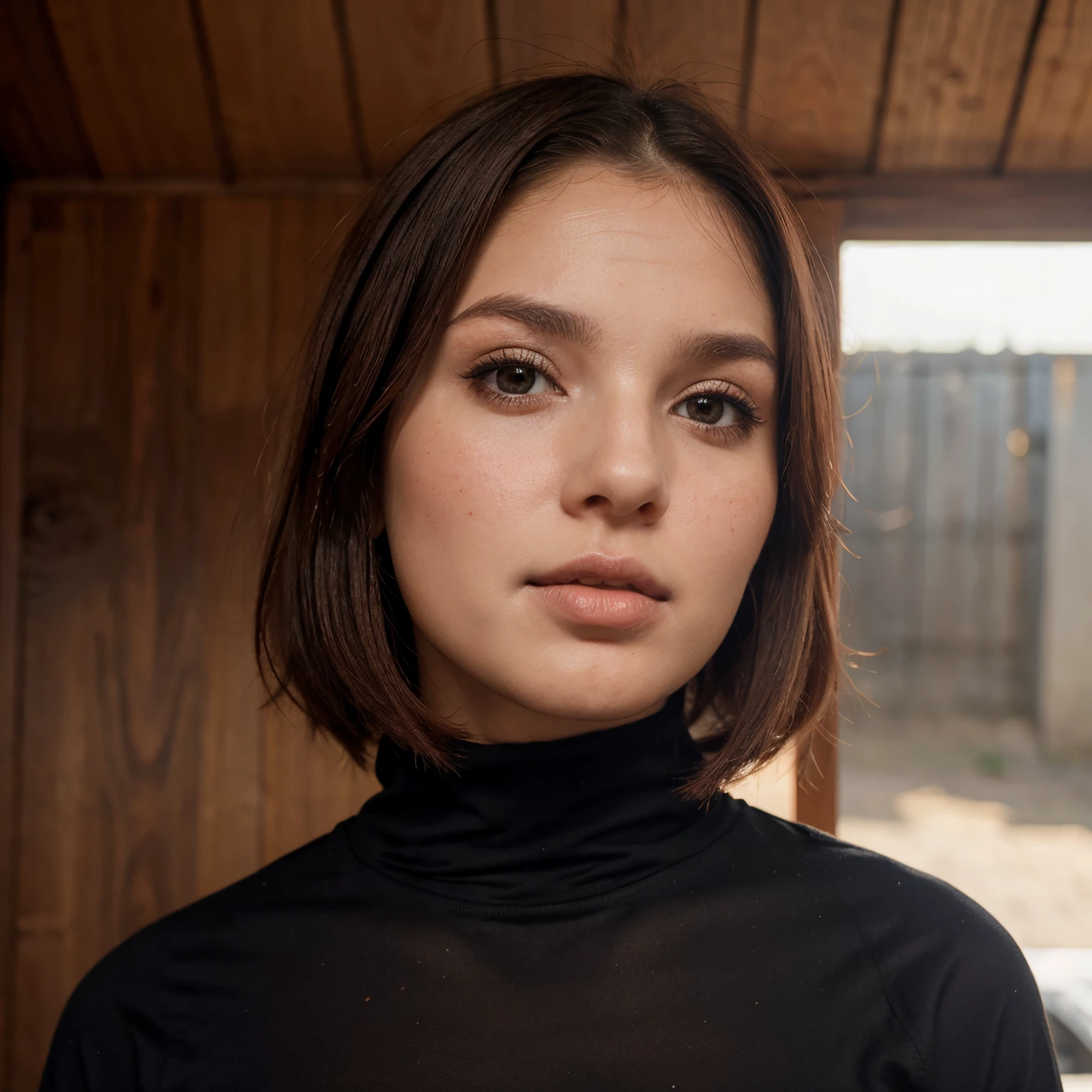 A close up of a woman in a black turtle neck shirt - SeaArt AI