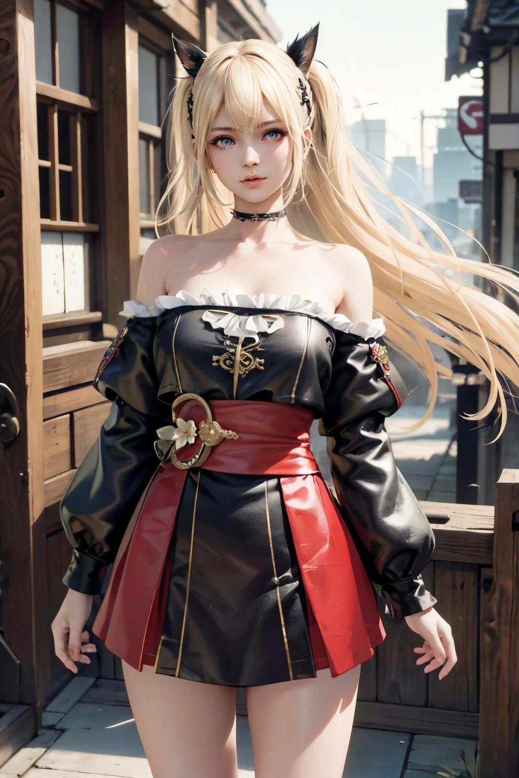 Marie rose, Blonde hair, （（best qualtiy））， （（tmasterpiece））， （detail：1.4）， Beautiful cyberpunk Japan woman image，sixteen years old,　nffsw（HighDynamicRange），Ray traching，NVIDIA RTX，Hyper-Resolution，illusory 5，Sub-surface scattering，PBR Textures，post processed，Anisotropy Filtering，depth of fields，maximum definition and sharpness，multi-layer texture，Albedo e mapas Speculares，Surface Coloring，Mitsu-Accurate simulation of material interactions，Perfectly proportioned，rendering by octane，Two-colored light，Large aperture，Low ISO，White Balance，Rule three points、8K raw data、Beautiful bright red pupils，Off-the-shoulder clothing，Fine pupils，Delicate face and eyes，with round face,　drooing eyes,　long eyelasher，Blushlush，Delicate and fluffy hair，lip，pure，Cute face，Sweet girl，Artistic sense，Casual wear，Advanced Sense，Snowflake，flower petals，Snowflake,　Bry snow background,　Beautiful Hair Accessories，long hair and waist，Hair fluttering in the wind，Snow White cat ears,　Curly