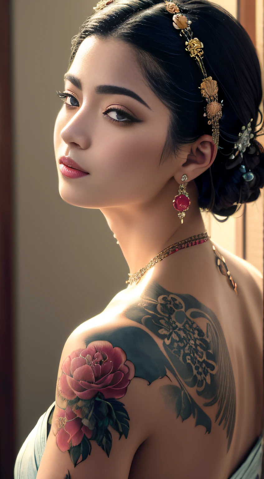 (best quality,highres:1.2), (photorealistic:1.4),low angle portrait, seen from back, yakuza girl soaking on onsen in the lost city,look at viewer,detailed face,beautiful detailed grey blue eyes,beautiful detailed lips,seductive smile,eyebrows well-groomed,long eyelashes,clear skin ,natural blush,slim body posture, exposed shoulder,intricate detailed and vibrant irezumi tattoo on back body,elegant and intricate jewelry,delicate necklace and earrings,traditional hair accessories,short hair with bangs,shiny gemstones,soft and flawless makeup,soft and natural lighting,subtle shadows on the face,radiant and vibrant colors,photorealistic rendering, photon mapping, foggy and dramatic atmosphere