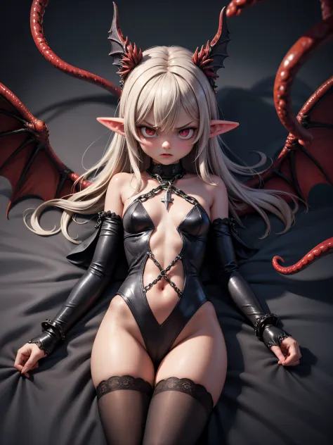 Hyper-realistic 8k CG, tmasterpiece, Best quality at best, (realisticlying:1.4), absurd res, The is very detailed,
Real hair, realisticlying, horror scene, ambiente dark, 
thedemongirl, angry look, chain, elvish ears, ('s:1.3), tentaculata, wings,
