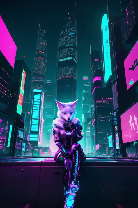 (bright, vibrant colors,cyberpunk style) A white fox girl is sitting at the edge of a detailed lit urban cyber city street environment. The girl has beautiful, detailed eyes and lips. She is wearing a futuristic outfit with a mix of traditional and modern ...