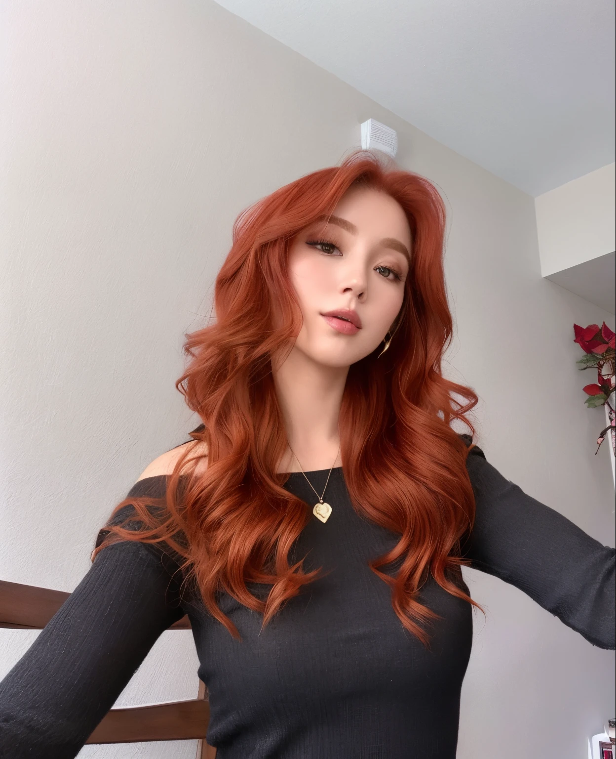 A close up of a woman with long red hair wearing a black top - SeaArt AI