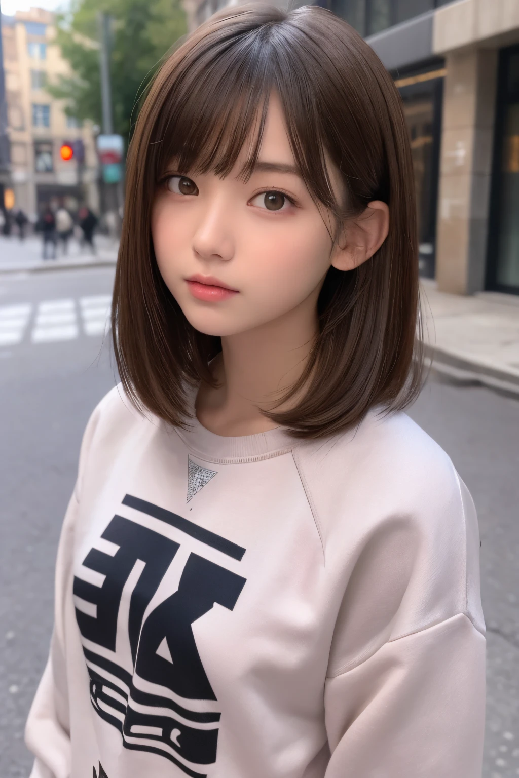 one girl, (a beauty girl, delicate girl:1.3), (13 years old:1.3),
break, (stylish sweatshirt:1.3),
break, very fine eye definition, (symmetrical eyes:1.3),
break, (street view:1.3),
break, small breasts, brown eyes, parted bangs, brown hair, petite girl,
break, (eyes and faces with detailed:1.0),
break, (masterpiece, best quality, ultra detailed, detailed face, 8k)