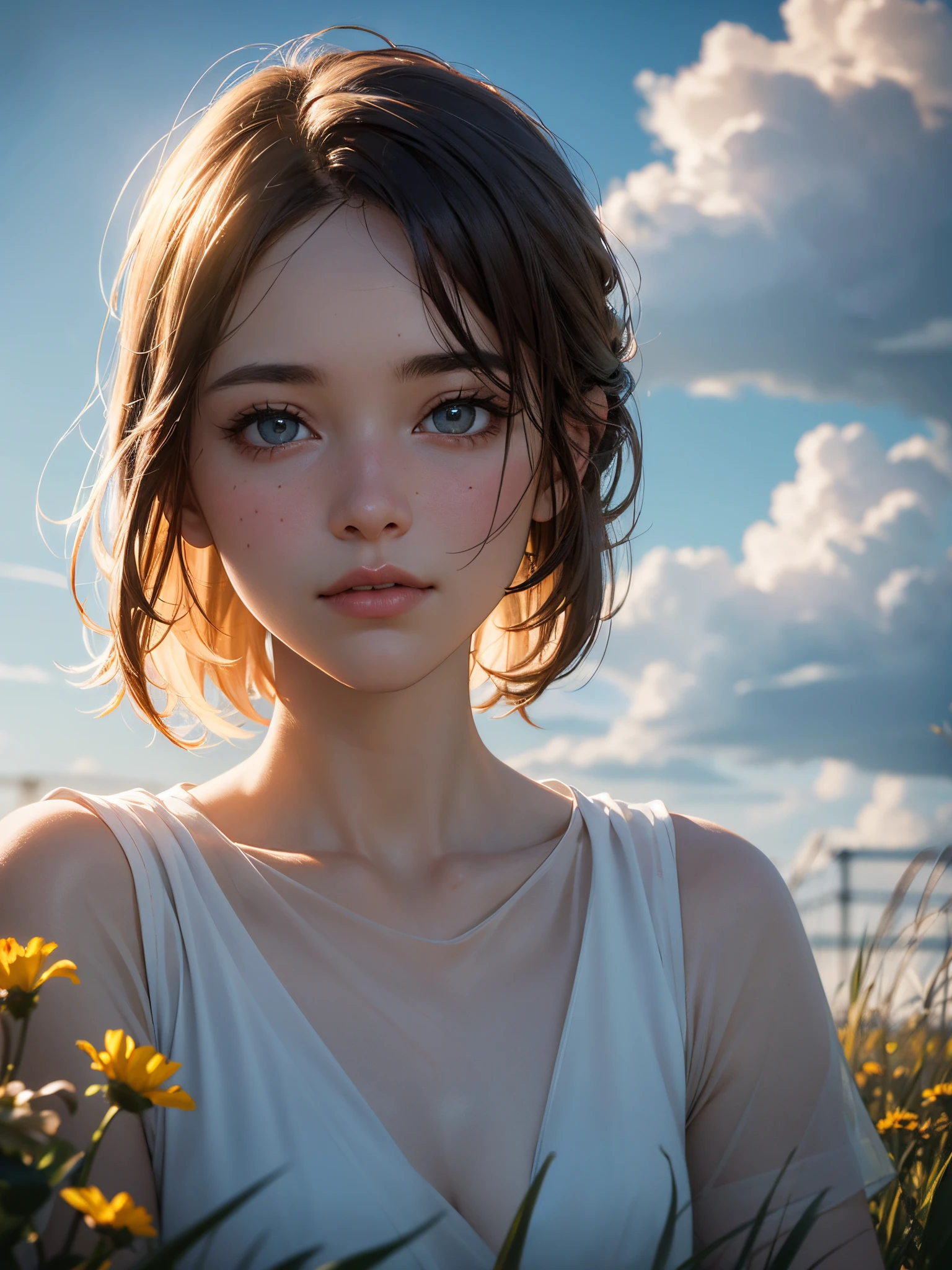 ((pure beauty:0.8, ultra-realistic:1.2)), caucasian flesh:1.2, bright eyes:1.1), light contrast and hue:1.1, high surface:1.1, image quality:ultra hd:1, portrait, high nose bridge, dynamic angle, clouds and sea, field of flowers in the foreground, light tracking, lifelike, informal art, unity 8k, masterpiece，best quality, gleaming skin, cinmatic lighting,