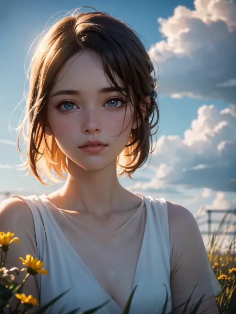 ((pure beauty:0.8, ultra-realistic:1.2)), caucasian flesh:1.2, bright eyes:1.1), light contrast and hue:1.1, high surface:1.1, image quality:ultra hd:1, portrait, high nose bridge, dynamic angle, clouds and sea, field of flowers in the foreground, light tr...
