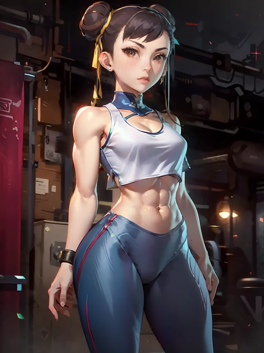 (master piece: 1.1), 1girl, anime, (6 chun), small breasts, double bun hair, (master piece: 1.1), 1girl, solo, 8k, ultrahd, 1girl, gym clothes, legging pants, blue pants, ((leggings, top tank)), (detailed abs), (detailed brown eyes),  (arms in front of the body), handless, soft leggings, , gym enviroment, blur_background,