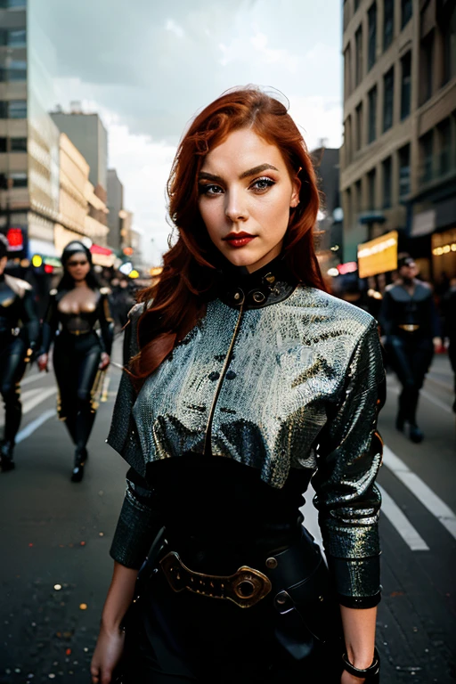 il y a une femme debout devant un groupe de robots, portrait masculin steampunk, composition, belle femme androïde, scène de guerre orageuse et grandiose, inspiré par Richard Avedon, une policière noire dieselpunk, femme rousse, Fille en costume, vêtements de mode complexes, Belle femme soldat