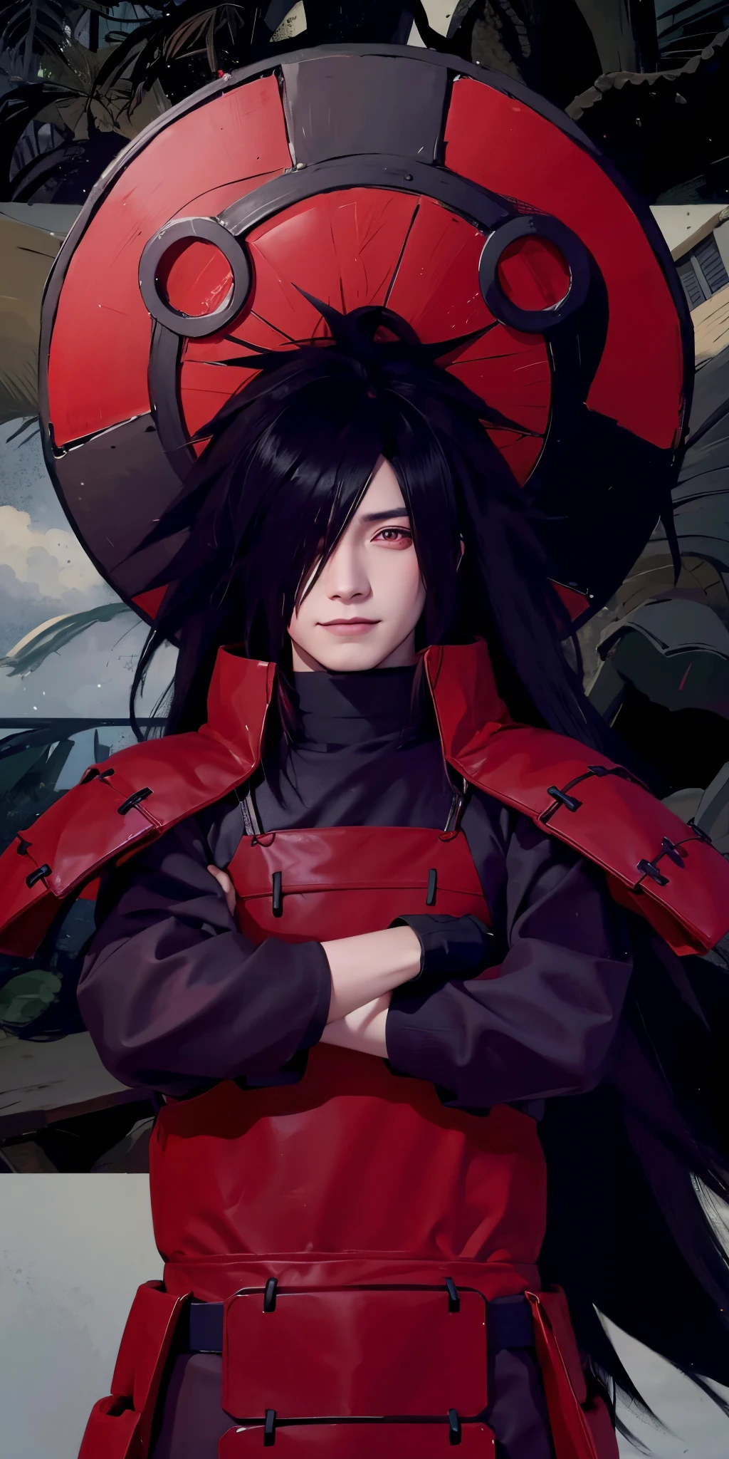 1male, uchiha madara in anime naruto, long hair , black hair, red eyes, handsome, smile, red clothes, realistic clothes, detail clothes, beach city background, ultra detail, realistic
