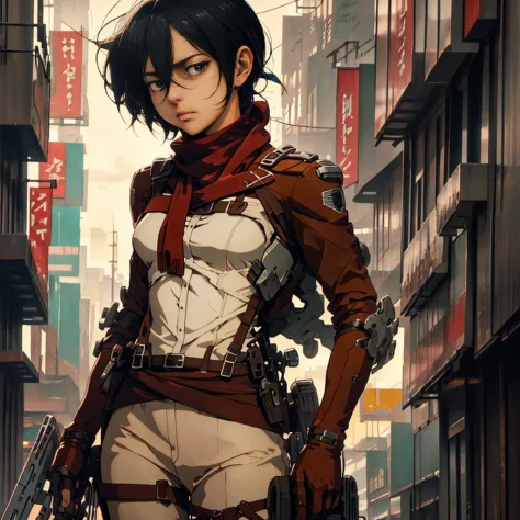 1girl, solo, (masterpiece), best quality, ultra-detailed, mikasa ackerman, retro style, fashion cloth, fancy,