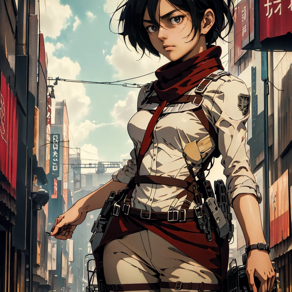 1girl, solo, (masterpiece), best quality, ultra-detailed, Mikasa Ackerman, Retro style, fashion cloth, fancy,