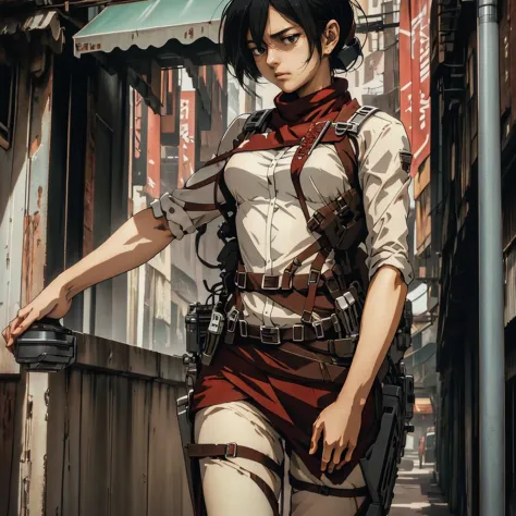 1girl, solo, (masterpiece), best quality, ultra-detailed, mikasa ackerman, retro style, fashion cloth, fancy,