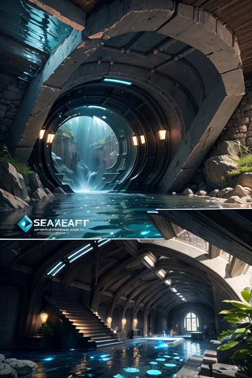 ((SeaArt Logo)) !Highest quality! Masterpiece! Cinematic image. 3D visualization. The scene was recreated using Unreal Engine. The highest quality, details, textures, materials, and clear forms (smooth bionic, synthetic material, artificial stone, plastic, metal). Black radiance from the depths of forms, an alien ship, an alien civilization, alien worlds. One creature. Frontal camera view, perspective, with watery ceilings, deep grotto, and membrane floor.