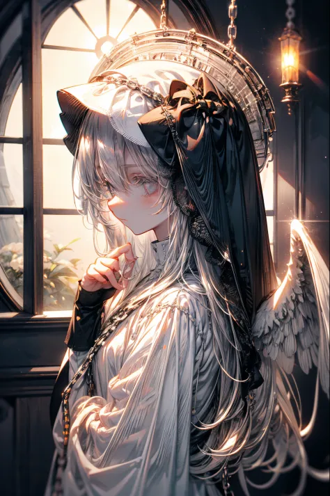 Emo girl, kawaii, silver hair, angel wings, angel, angel ring, bound with chains, blindfolded with black cloth, white flowers, w...