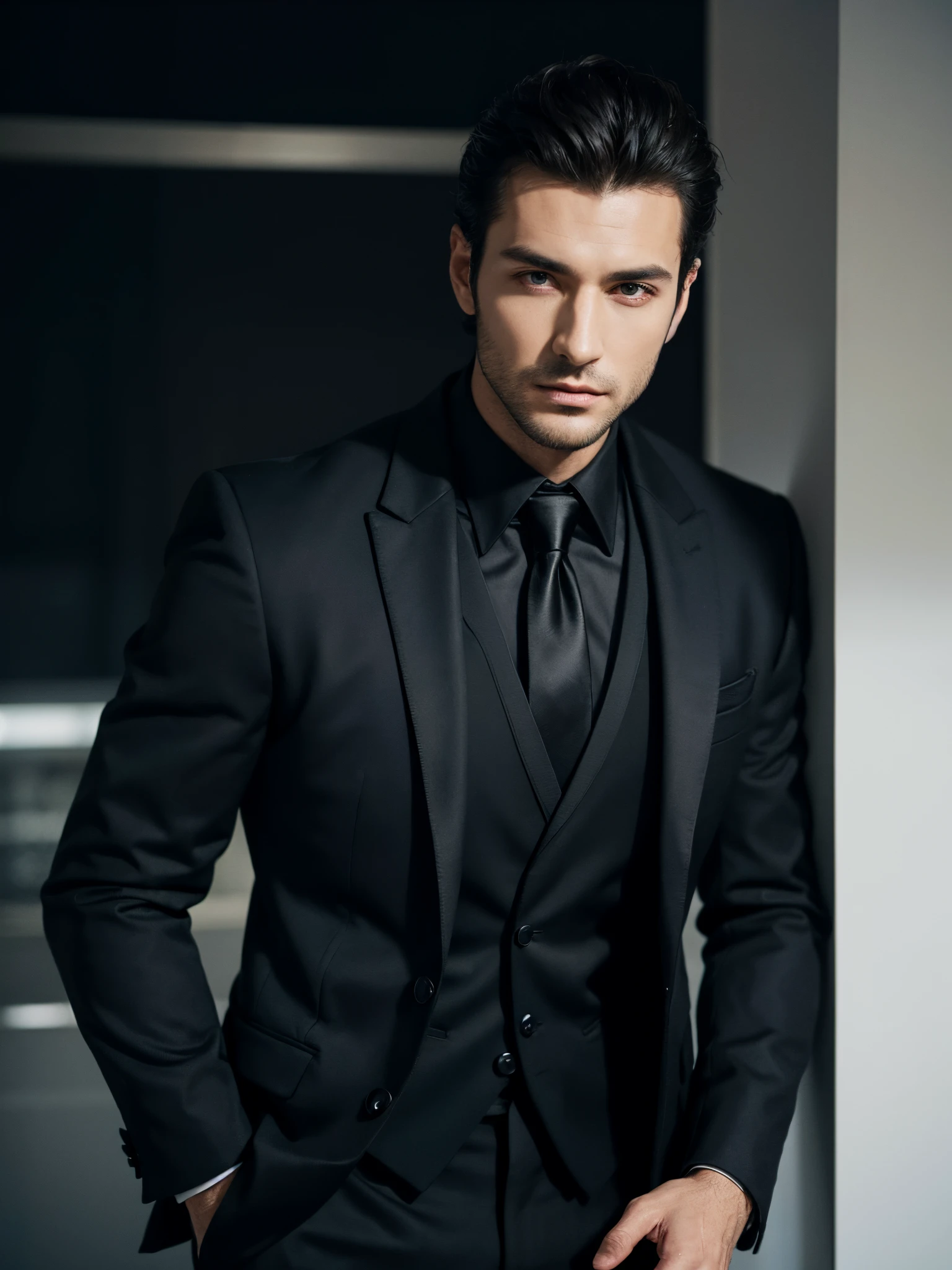 homem arafiado de terno preto, homem bonito, bonito e atraente, Bonito e elegante, foto de retrato, tronco, homem de terno preto, Modelo masculino, homem atraente, Vitaly Búlgarov, vestindo um terno preto saint lauren, atraente e bonito, fotografia comercial de luxo