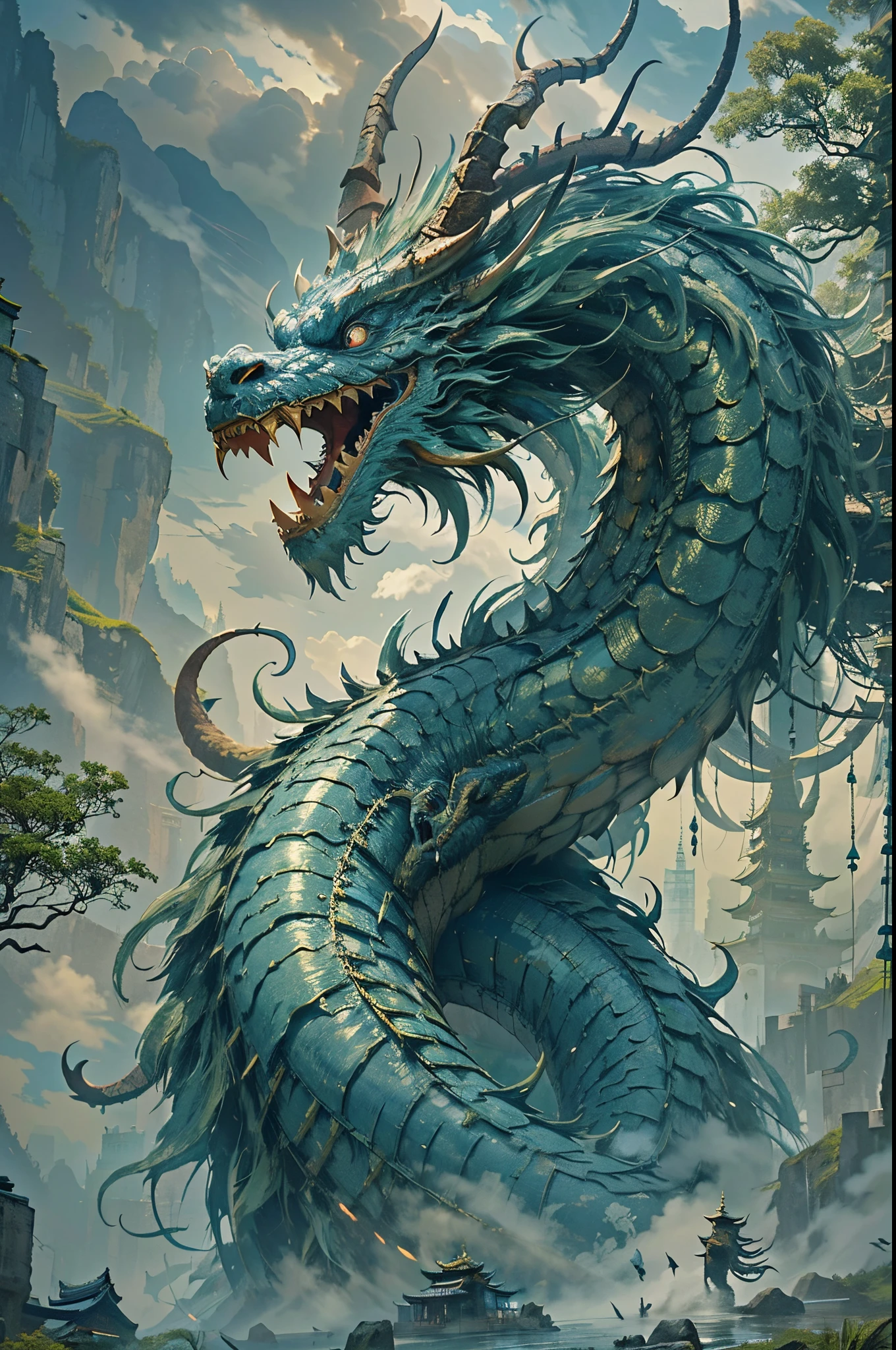 chinese dragon concept art, smooth chinese dragon, Portrait of a cyborg dragon, mythological creatures, Chinese Dragon, ultra detailed Digital art, great digital art with details, dragon portrait, cyan chinese dragon fantasy